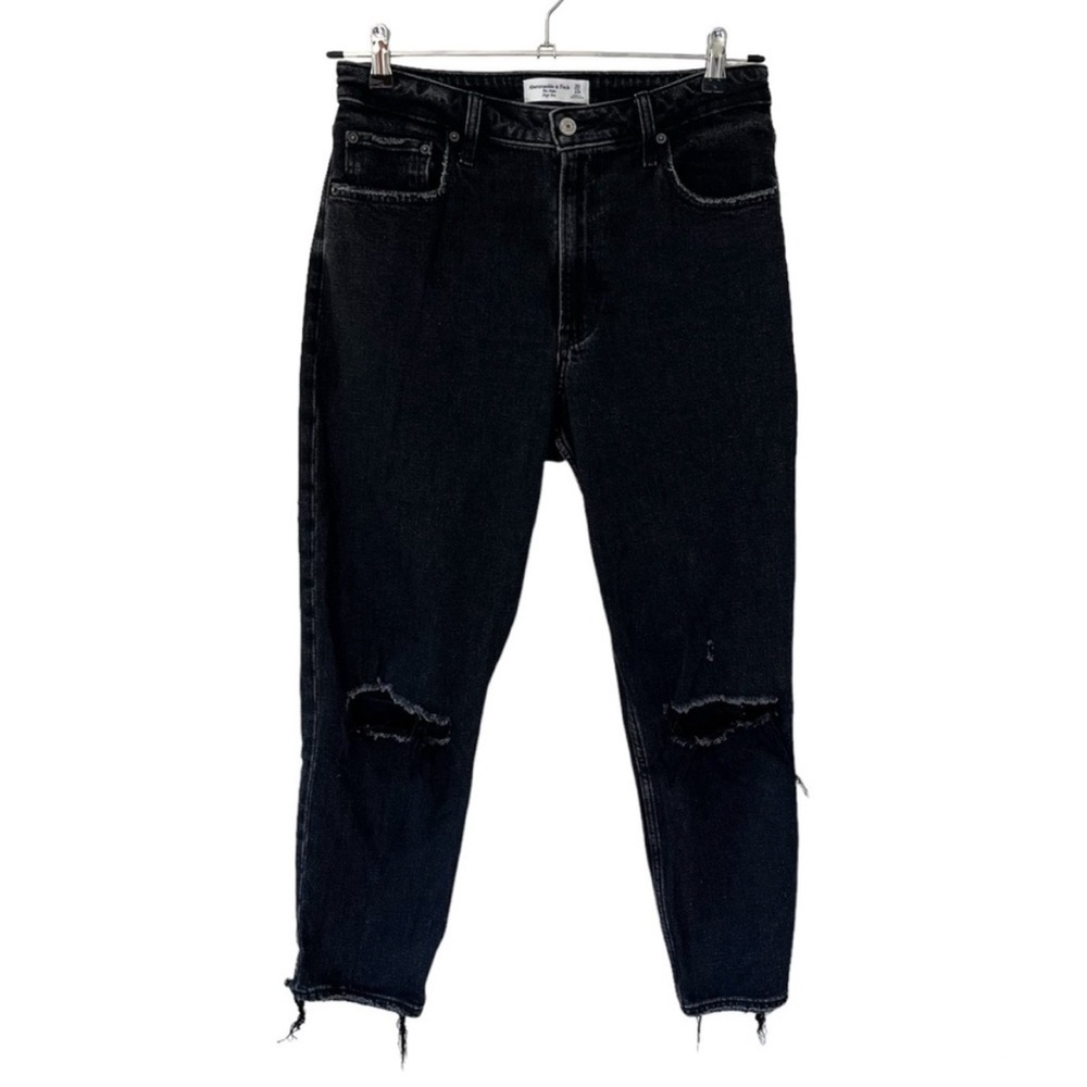 Abercrombie & Fitch Curve Love High Rise Distressed Raw Hem Mom Jeans Black